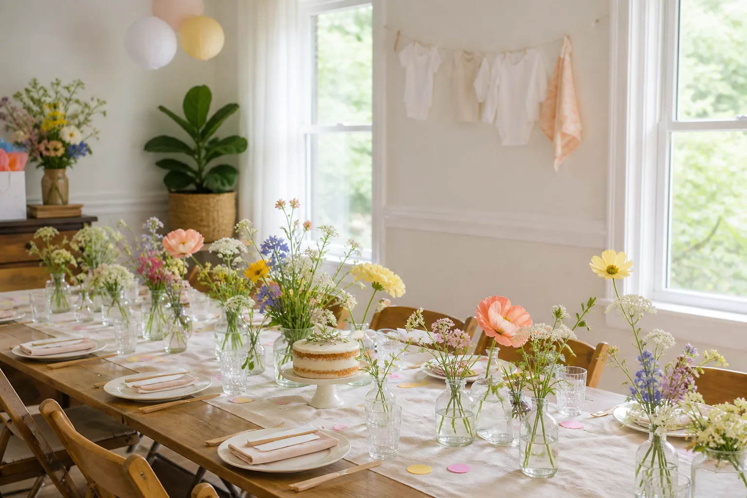 A realistic wildflower baby shower ideas — natural blooms on a real budget setup