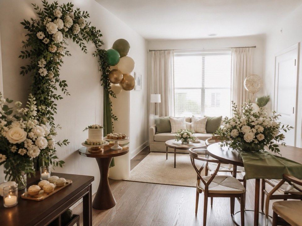 小公寓客厅里的中性花园 Baby Shower